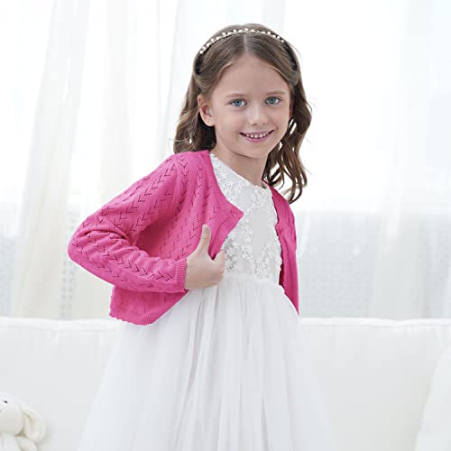 Image of Girls' Crochet Knitted Cardigan Sweater Bolero Shrug Kids Long Sleeve Button Closure Cropped Knitwear Cover Up,Dark Rose,5 /6