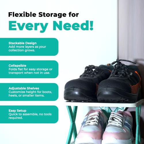 Image of QONETIC 4 Layer Plastic Shoe Rack for Home Stackable & Adjustable Shoe Organizer Shelf for Entryway, Bedroom & Corner Use Space-Saving Foldable Stand with Book & Shoe Storage Slots