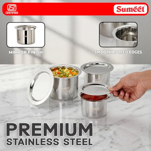 Image of Sumeet ISI Certified Stainless Steel Ganj /Milk Boiler /Tope /Cookware Set of 3 Pcs with Lid, Gas and Induction Friendly, 250ml, 400ml, 550ml, Silver