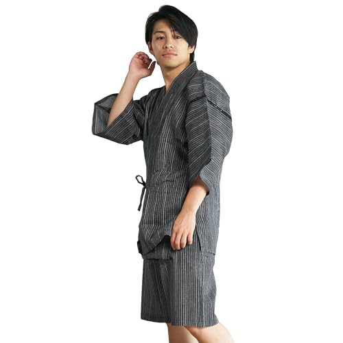 [あい藍] 甚平 メンズ 綿麻しじら 綿 85％ 麻 15％ 洗える 涼しい ソフト 夏 祭り 花火 柄 豊富 10 柄 父の日 プレゼント ギフト 粋 部屋着 上下 セット パジャマ (LL, 黒/白刺し子調-1)（Amazon）