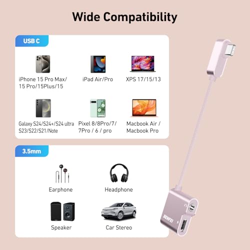 Image of BENFEI USB C to Audio Jack Adapter with 60W Fast Charging, USB-C to 3.5mm Female Headphone Compatible with iPhone 16 /15 Pro Max /Pro, Samsung Galaxy S24 /S23 /S22 /S21 Ultra, iPad Pro, Pixel 8 Pink