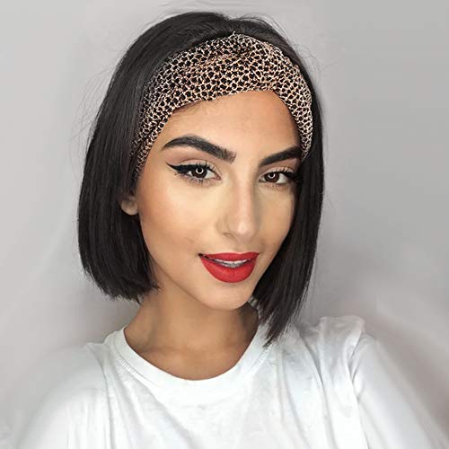 Aisaide Short Straight Bob Headband Wigs for Black Women,Short Black Wig Headband Wig Straight Bob Wig Turban Wig Headband with Gold Scarf,Synthetic Natural Hair Wigs with Headbands Attached(1B#)