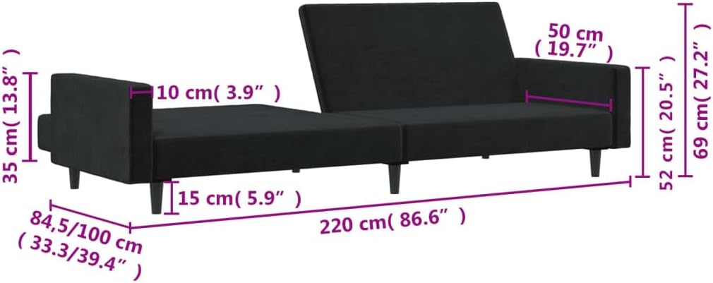 vidaXL Black Velvet Upholstered Loveseat - 2-Seater Sofa Bed/Sleeper Couch for Living Room/Home Office, Convertible, Comfortable and Sturdy