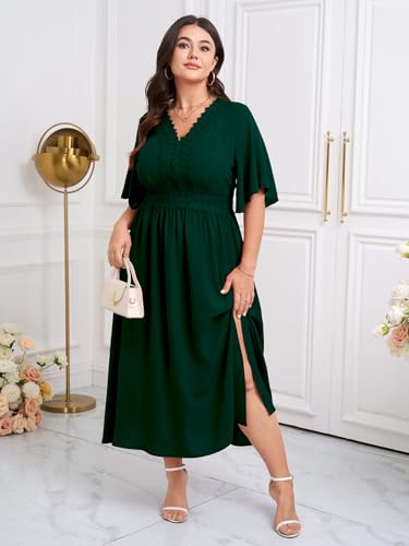 Image of SCOMCHIC Womens Plus Size Summer Maxi Dress Short Sleeve V-Neck Lace Boho A-Line Slit Flowy Wedding Guest Cocktail Dresses
