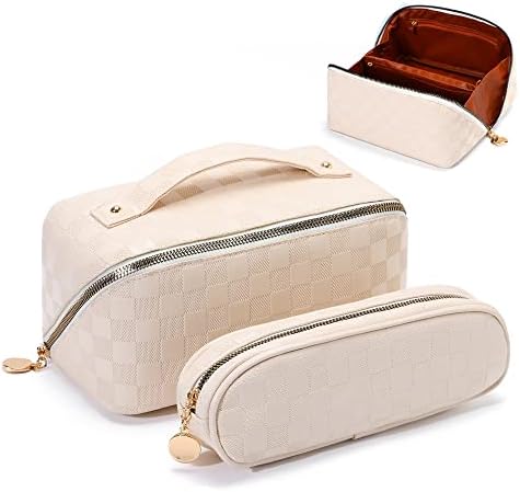 BAGCRAZY Large Capacity Travel Cosmetic Bag - Portable Makeup Bags for Women, 2 Pcs Waterproof PU Leather Checkered Makeup Bag, Lightweight Design and Waterproof Toiletries Bag for Cosmetic, White