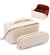 BAGCRAZY 2 Pcs Waterproof PU Leather Checkered Makeup Bag, Large Capacity Travel Cosmetic Bag - P...