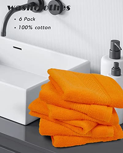 Cleanbear Washcloths Orange Face Cloths Set of 6 Large All Cotton Bathroom Wash Cloth - 13 by 13 Inches Highly Absorbent Face Towels for Fall Bathroom Decor Daily Use