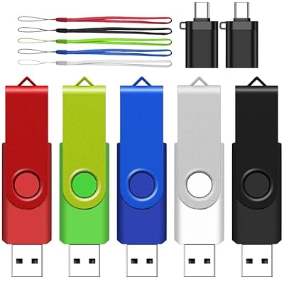 4GB USB Flash Drive with Type C Adapter, AreTop 5 Pack USB 2.0 Thumb Drives Memory Stick Swivel Jump Drive with LED Indicator for Home & Office Use (5 Pack 4GB, Mixed Colors)
