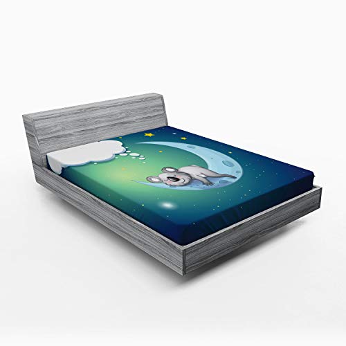 Lunarable Koala Fitted Sheet, Dreaming Koala Bear on a Crescent Moon and Stars in Space Night Time Illustration, Soft Decorative Fabric Bedding All-Round Elastic Pocket, Full Size, Blue Green