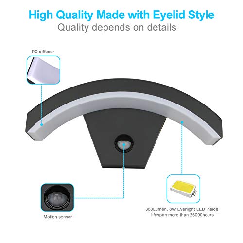 LASIDE Outdoor LED Wall Lights with PIR Motion Sensor, Anthracite Grey Outside Wall Lights Electric, Waterproof Aluminium 3000K 360LM Garden Wall Light Mains Powered for Front Door Patio Porch Garage