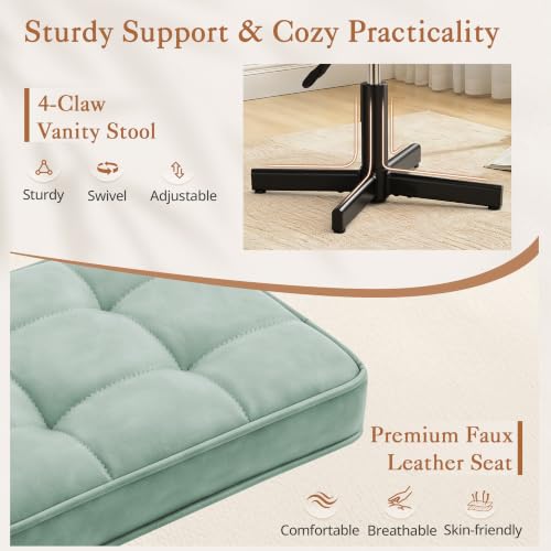Image of LUE BONA Adjustable Vanity Stool, 15''-19.5'' Foot Rest Under Desk, 360 Swivel Vanity Chair for Makeup Room, Green Upholstered Faux Leather Ottoman for Bathroom & Living Room, 300lbs
