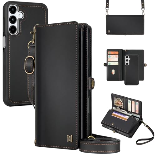 MEGSHI for Wallet Case Compatible with Samsumg Galaxy A16 Multi-Function Detachable 2 in 1 Magnetic Phone Case Wallet,Flip Strap Zipper Card Holder Phone Case with Shoulder Straps (Black)