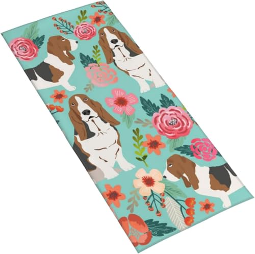 フェイスタオル バセット・ハウンドとフラワー マイクロファイバー タオル 柔らか 肌に優しい 肌触りが良い ふわふわ 髪に優しい 通気 かわいい 抗菌防臭加工 瞬間吸水 速乾 耐久性 薄手 毛羽落ち少ない 業務用タオル