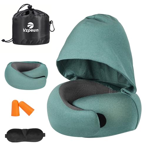 Image of Travel Pillow - Hooded Neck Pillow Airplane Memory Foam Filling for Plane, Office, Cars Sleeping, Road Trip, Long Flights, Airplane Travel Essentials, Includes Eye Mask & Earplugs (Green)
