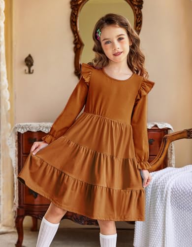 Arshiner Girls Dress Fall Ruffle Sleeve Tiered Flared Flowy Midi Dresses with Pockets2