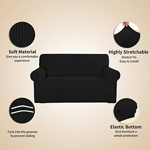 Image of Easy-Going Stretch 4 Seater Sofa Slipcover 1-Piece Sofa Cover Furniture Protector Couch Soft with Elastic Bottom for Kids, Polyester Spandex Jacquard Fabric Small Checks Black