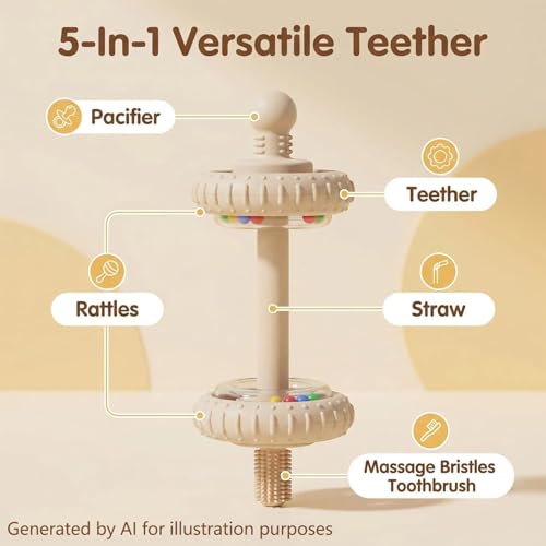 Image of Baby Teething Toys Baby Rattle Teething Straw 3-in-1 Barbell-Shaped, Made from Silicone, Built-in Toothbrush Head and Nipple Shape, Bpa-Free, Phthalate Free, Professionally Certified