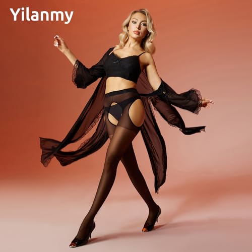 Yilanmy Damen Strapsstrumpfhose Schwarz Offen im Schritt Strumpfhose 15 Den Ouvert Strapsstrümpfe (Schwarz,L/XL)