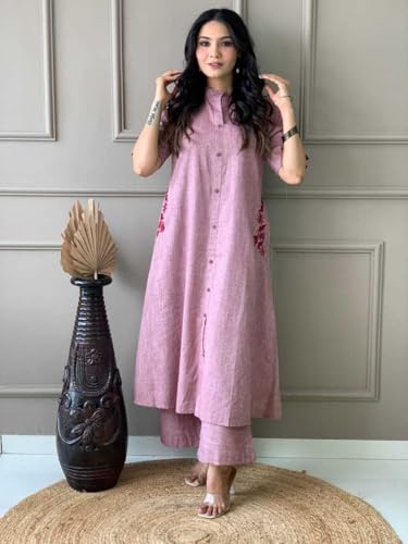 Image of Women's Cotton Embroiderd Long A-Line Kurti with Palazzo