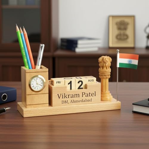 Image of Deskart Customized Multipurpose Pen Holder Stand with Ashok Stambh and Indian National Flag | Premium Wooden Desk Organizer for Office and Occassional Gifting