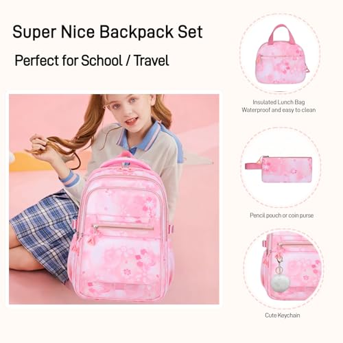 3Pcs Set Backpacks for Girls Teen, Cute Flowers School Bag Girls Bookbags with Lunch Box Pencil Bag, Multi-Pockets Kids Backpack for Elementary & Middle School, Pink2