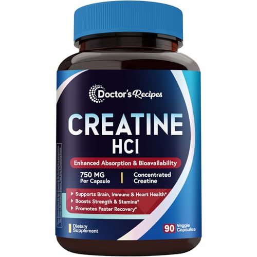 Doctors Recipes Creatine HCl Capsules 750 mg Creatine Hydrochloride for Women & Men Strength & Recovery Brain Health Fast Absorbing Vegan 90 Capsules
