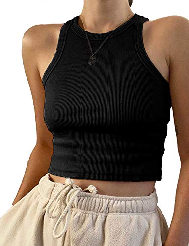 KAMISSY Women Basic Crew Neck Crop Tank Top Solid Rib-Knit Binding Crop Top (Medium, Black)