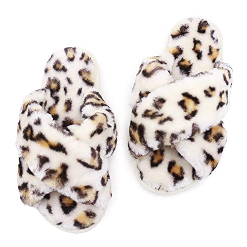 Womens House Fuzzy Slippers Leopard Cross Band Soft Plush Fluffy Slippers Furry Fleece Slip On Slippers Open Toe House Warm Bedroom Shoes Slides For Indoor Outdoor (White Leopard, Numeric_9) #TOP3