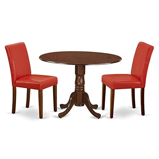 3Pc Round 42 Inch Dining Room Table With Two 9-Inch Drop Leaves And 2 Wood Seat Dining Chairs 29 3Pc Round 42" Dining Room Table With Two 9-Inch Drop Leaves And 2 Parson Chair With Mahogany Leg And Pu Leather Color Firebrick Red