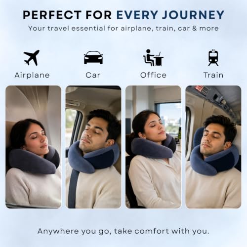Image of Memory Foam 360 Travel Neck Pillow with Adjustable Velcro | 360 Neck & Head Support, Dual-Height Design, Adjustable Velcro, Velvet Fabric Cover, For Airplane, Car & Train