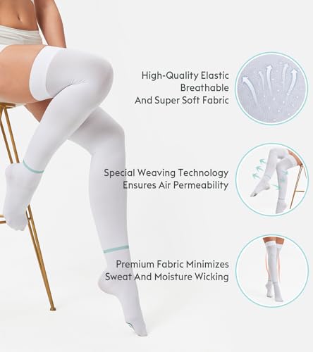 Image of Anti Embolism Compression Stockings 15-20mmHg, Medical Grade White Support Hose with Non-Slip Silicone, Thigh High TED Hose Socks for Post-Surgery Recovery, Bedridden Patients, DVT Prevention, L