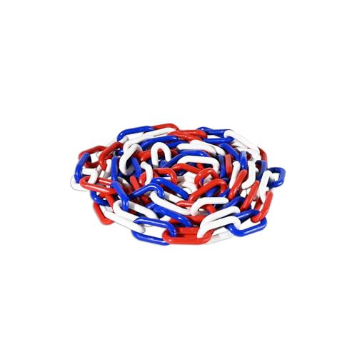 FlexiLink Plastic Chain. Eye-Catching Colors. 2” Link Dia, 10 Ft Length for Safety barriers, Crowd Management, Event Safety, Decoration, Queue Lines. UV Resistant, Waterproof, Red White Blue, 10 Feet