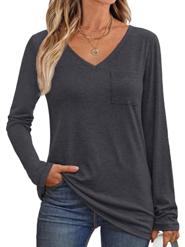 Image of AUTOMET Womens Long Sleeve Shirts V Neck Casual Tops with Pockets Loose Dressy Basic Fall Outfits Clothes Winter Trendy 2025