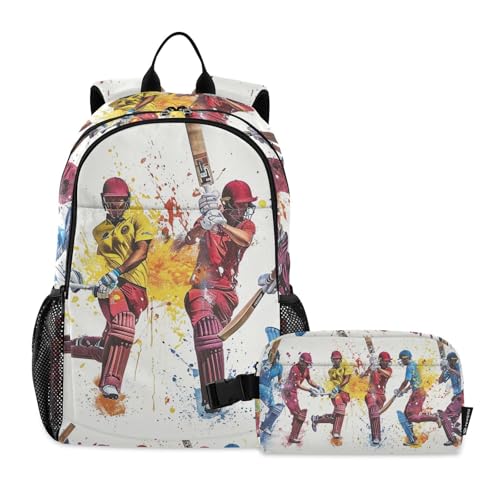 Backpack Cricket Players Colorful Book Bag Daypack Shoulder Bag Lightweight Back Pack with Lunch Box Travel Laptop Daypack 18.5 x 11.8 In