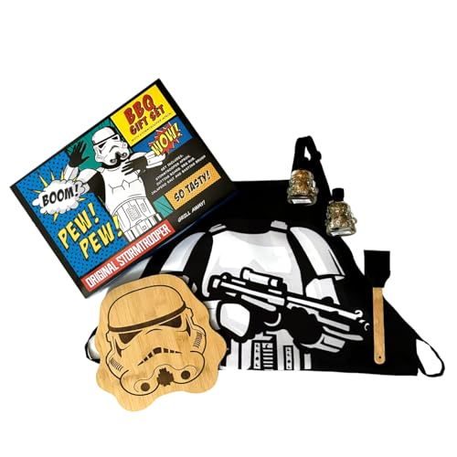 Set de regalo original para barbacoa Stormtroopers, incluye tabla de cortar/servir de bambú con temática Stormtrooper, delantal para asar, condimentos para barbacoa y brocha para untar.