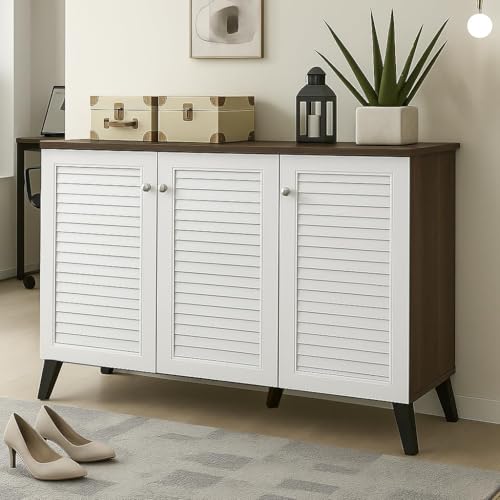 Image of Mevigo Wooden Shoe Rack Cabinet for Entryway - Modern 3 Door 6-Tier Storage Organizer, Wooden Cupboard for Home, Space Saving Shoe Rack Wallnut Shoes Storage Cabinet -White-VA1