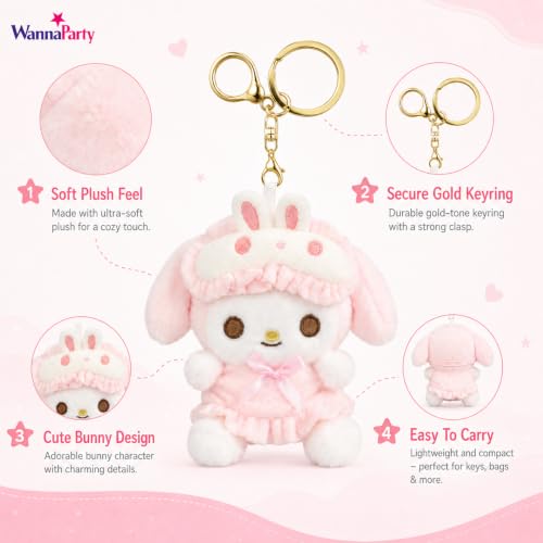 Image of Wanna Party Cute Kawaii Plush Keychain, Soft Pink Bunny Hood Character Bag Charm
