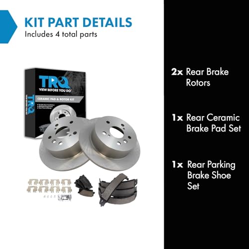 Image of TRQ Rear Brake Pad and Rotor Set Ceramic Parking Brake Shoes Compatible with 2013-2018 Lexus ES300h ES350 Toyota Avalon 2012-2017 Camry