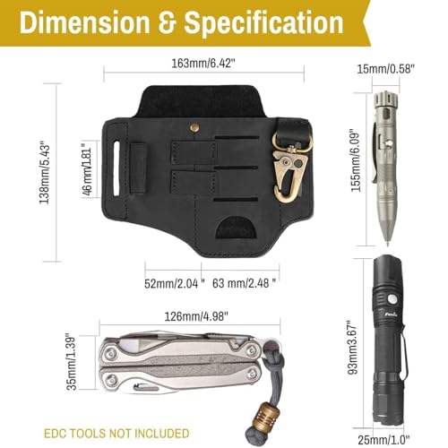 VIPERADE PJ16 Leather Sheath for Belt, Tool & Knife Sheath for Men, Multitool & Flashlight Holster EDC Pocket Organizer with Key Holder