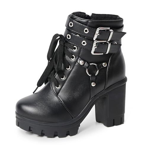 MEOTINA Goth Platform Black Boots for Women Dressy Chunky Combat Boot Buckle Gothic Booites Zipper Rivets Rave Shoes