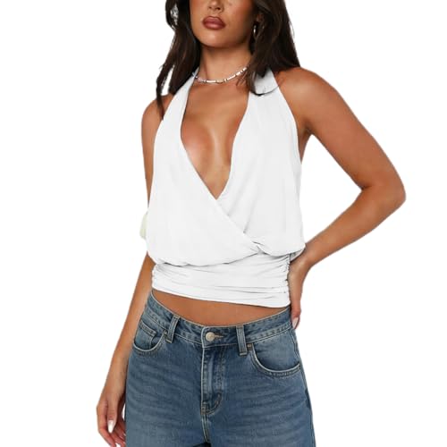 Women Y2K Plunge Halter Top Sexy V Neck Solid Color Cross Wrap Crop Tank Top Sleeveless Ruched Waist Backless Vest(White, S)