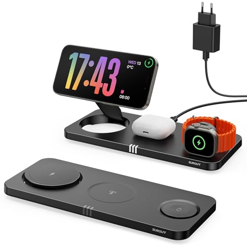 SUNGUY Induktive Ladestation Kompatibel mit Mag-Safe Ladegerät, 3 in 1 iPhone Ladestation für 16 15/14/13/12 Serie,15W Wireless Charger für Apple Watch 8/7/6/5/4/3/2/SE AirPods Pro 2gen-Schwarz
