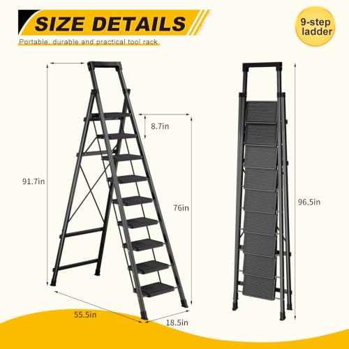 Image of 9 Step Ladder with Platform, Folding Step Stool Heavy Duty, Portable Step Ladders with Anti-Slip Widen Pedals, Handrail, Safe-Lock Design, Tall Kitchen /Closet Step Ladder for Adults,Carbon Steel