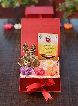 Frienemy Presents Box of Metal Lakshmi and Ganesha Idol Diya Oil Lamp Showpiece with Set of 4 Wax Floating Candles, Greeting Card and Gift Box for Home Decor #Frienemy-0408