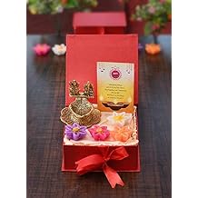 Frienemy Presents Box of Metal Lakshmi and Ganesha Idol Diya Oil Lamp Showpiece with Set of 4 Wax Floating Candles, Greeting Card and Gift Box for Home Decor #Frienemy-0408