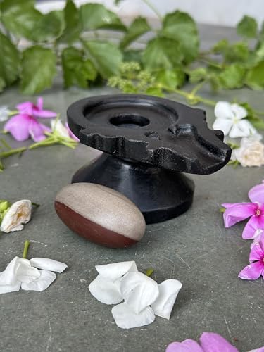 Image of Shivam VASTU AKAL 1.5 inch Original Narmadeshwar Narmada Shivling with 3 inch Narmada Stone Yoni Base Jaladhari (Ardhanarishwar Shivling, Black Designer Damru Jaladhari)