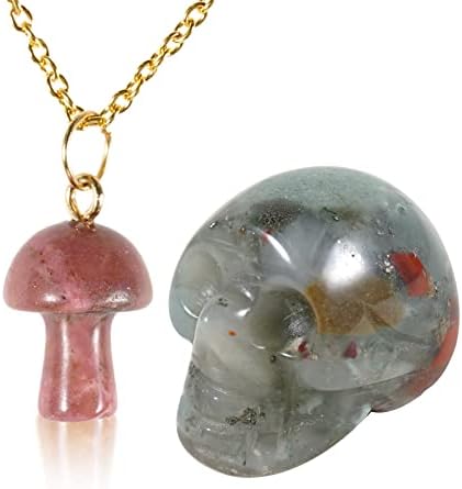Soulnioi Natural Crystal Mini Mushroom Necklace Pendant Charm with Chain and Skull Ornament Healing Gemstone Carved Statue Reiki Figurine Decoration (Rose Quartz)