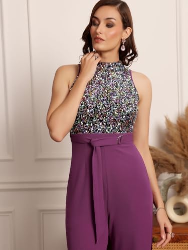 Image of Miss Chase Womens Halter Neck Sleeveless Embellished Regular-Length Jumpsuit