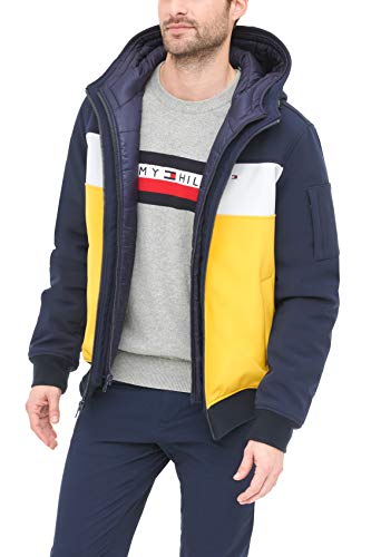 Image of Tommy Hilfiger Men's Soft Shell Fashion Bomber With Contrast Bib and Hood