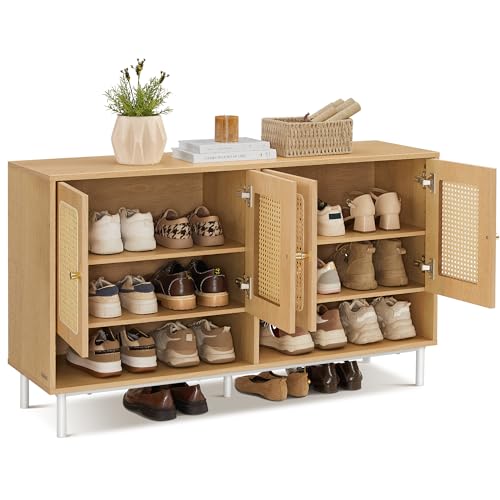 VASAGLE Natural Rattan 3-Tier Shoe Cabinet, 24 Pair Shoe Storage Cabinet, Boho Style Shoe Organizer with Height-Adjustable Shelves and Steel Legs, for Entryway, Closet, Hallway, Oak Beige ULBC050N01